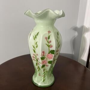 Nice Green Vase Hand Painted Pink Roses Floral Flower Ruffled Top Unbranded